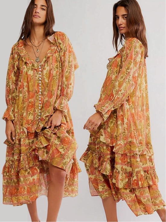 Free People Dresses & Skirts - Free People Orange Multi Floral Ruffle Tiered Maxi Dress